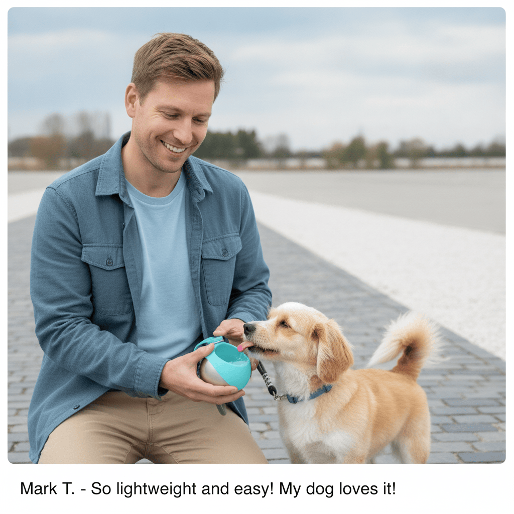 Mark T. smiles, easily giving his small dog a drink from a portable stainless steel dog water bottle with a carry rope while 
